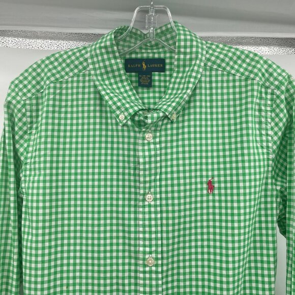 Ralph Lauren Men's Checkered Button Up Shirt Green/White Long Sleeve Size XL - Picture 2 of 8